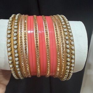 Pearl & Crystal Coral Gold-Tone Bangle Set - Women Jewelry